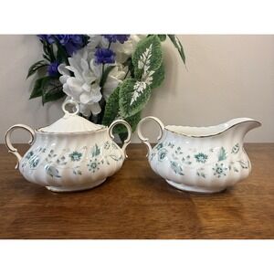 Vintage‎ Royal Doulton Wavney Creamer Sugar Bowl Set Green Floral Gold Trim